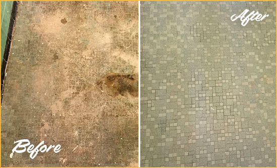 Before and After Picture of a Douglasville Mosaic Shower Cleaned to Eliminate Embedded Dirt