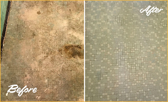 Before and After Picture of a Bowdon Junction Mosaic Shower Cleaned to Eliminate Embedded Dirt