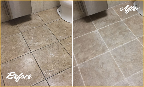 Before and After Picture of a Red Oak Restroom Floor Cleaned to Eliminate Dirt