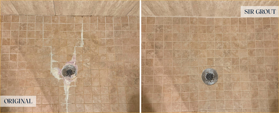 Shower Floor Before and After a Grout Sealing in Marietta
