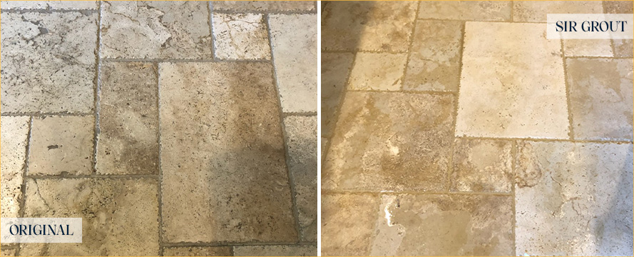 Travertine Floor Before and After a Stone Sealing in Alpharetta, GA