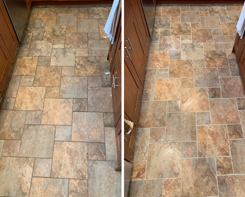 Kitchen Floor Before and After a Grout Cleaning in Milton
