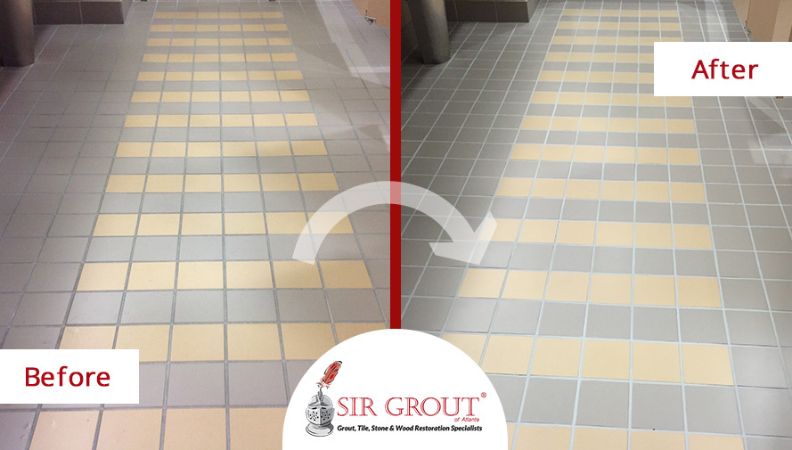 Before and After Picture of an Office Building Bathroom Floor Grout Cleaning Service in Alpharetta, GA