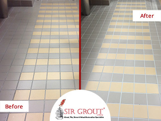 Before and After Picture of an Office Building Bathroom Grout Cleaning Service in Alpharetta, GA
