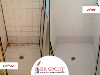 Before and After Picture of a Shower Restoration Through a Grout Sealing Service