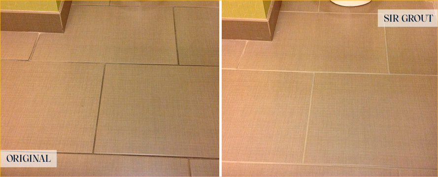 Before and After Picture of a Hotel Restrooms Tile & Grout Cleaning Service in Cummin, GA