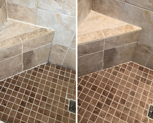 Before and After Picture of a Travertine Shower Caulking Services in Atlanta, Georgia