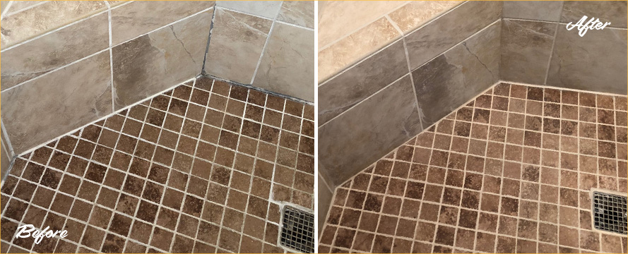 Before and After Picture of a Travertine Shower Caulking Services in Atlanta, Georgia