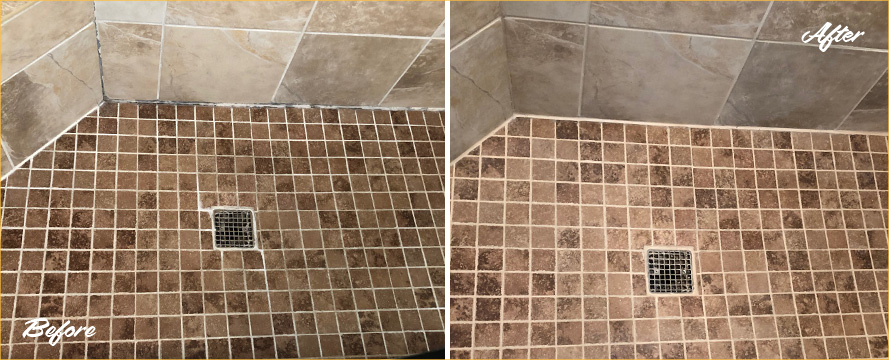 Before and After Picture of a Travertine Shower Caulking in Atlanta, Georgia