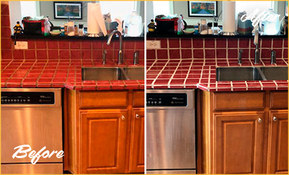 Before and After Picture of a Kitchen Countertop After Our Tile and Grout Cleaners Service in Atlanta, GA