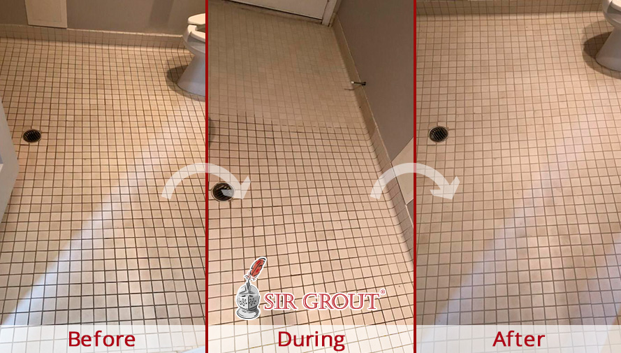 Before and After Picture of a Building Restroom Floor Grout Sealing Service in Atlanta, GA