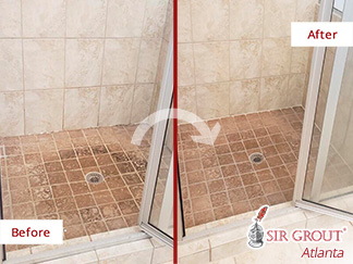 Before and After Picture of a Shower Stone Cleaning Service in Dunwoody, GA