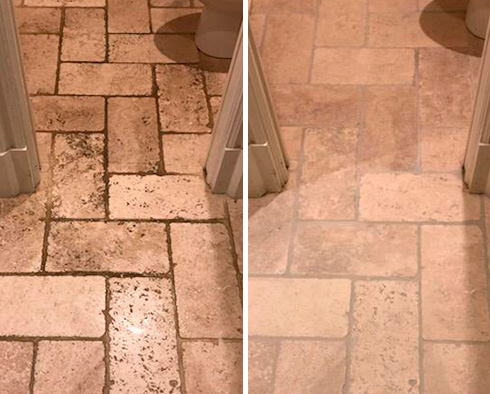  Before and after Picture of This Travertine Floor after a Stone Cleaning Job in Atlanta, GA