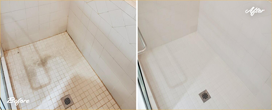 Before and After Picture of a Shower Tile Cleaning in Atlanta, Georgia