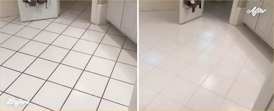 Before and After Picture of Bathroom Floors After a Grout Cleaning Job in Atlanta, GA