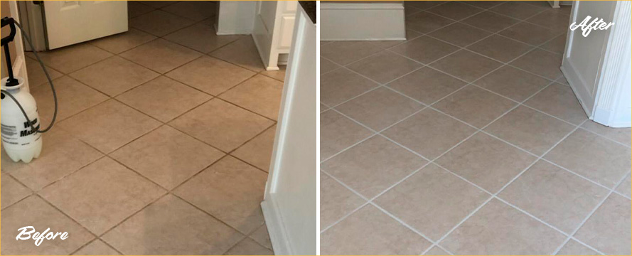 Image of a Tile Kitchen Floor Before and After a Grout Sealing in Smyrna, GA