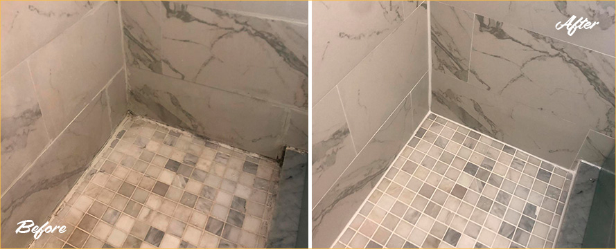 Before and After Our Shower Floor Grout Sealing in Marietta, GA