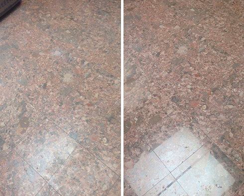 Before and After Our Stone Polishing Services on This Natural Stone Kitchen Floor in Peachtree City, GA