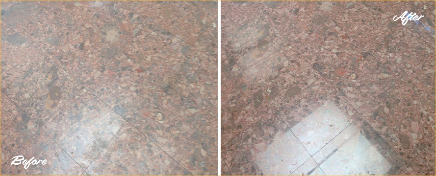 Before And After Our Stone Polishing Services on This Natural Stone Kitchen Floor in Peachtree City, GA