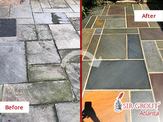 Exterior Slate Floor Before and After a Stone Sealing Service in Woodstock