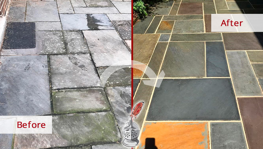 Exterior Slate Floor Before and After a Stone Sealing Service in Woodstock