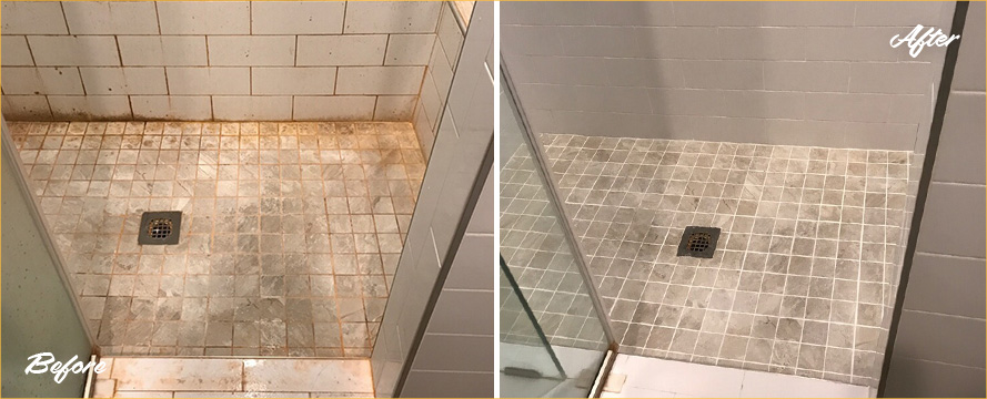 Picture of a Shower Before and After a Breahttaking Grout Cleaning in Duluth