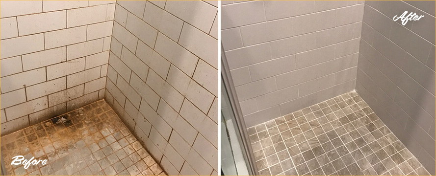 Picture of a Shower Before and After a Professional Grout Cleaning in Duluth