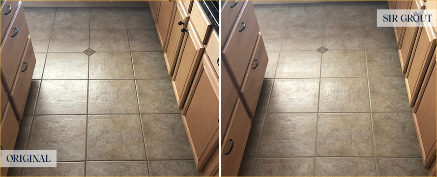 Picture of a Kitchen Floor Before and After a Professional Grout Sealing in Atlanta, GA