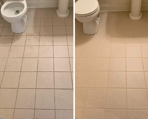 Basement Bathroom Floor Before and After Our Grout Sealing in Mableton, GA