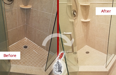 Sir Grout Caulked this Shower To Repair the Joints Before and After Picture of a Shower with Crumbling Caulking