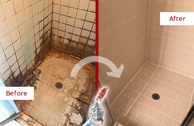 Before and After Picture of a Tile Shower Regrouted to Repair Severe Water Damage