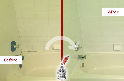 Before and After Picture of Tub Caulking on Moldy Bathtub Joints