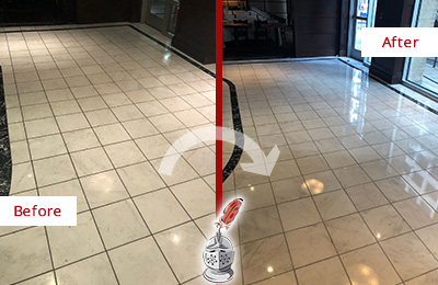Sir Grout Atlanta Stone Services Help Maintain, Clean, and Polish Building Lobbies and Commercial Offices Stone Surfaces Picture of a Building Marble Entrance Floor Before and After Stone Restoration, Cleaning and Polishing