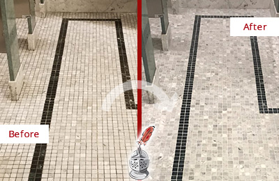 Sir Grout Atlanta Stone Cleaning Services Can Help Repair the Look of this Grimy Hospital's Restroom Before and After Picture of a Hospital Travertine Bathroom Floor Stone Cleaning Service