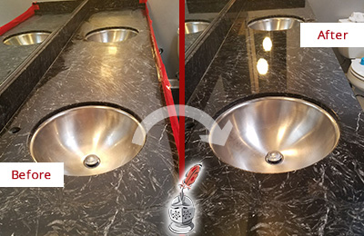 Sir Grout Atlanta Stone Services Are Ideal for Enhancing Restrooms Marble Countertops and Keep Them Perfect All Year Round Picture of an Office Restroom's Marble Countertop Before and After Color Enhancement and Restoration