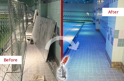 Before and After Picture of a Gym Tile Pool Deck Cleaned and Sealed to Repair Damage
