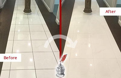 Before and After Picture of a Medical Center Floor Restored, Cleaned and Sealed to Remove Stains