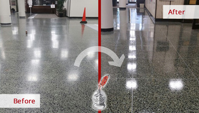Image of a Terrazzo Surface Before and After a Microguard High Durability Coating Service