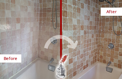 Before and After Picture of a Travertine Bath Tub Honed and Polished to Remove Soap Scum
