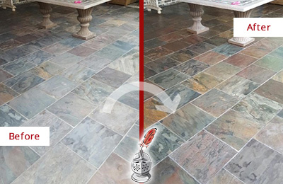 Residential Slate Cleaning And Sealing Sir Grout Atlanta Before And After Picture Of Worn Out Slate Floor Cleaned Sealed To Look Like