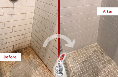 Sir Grout Removes Mold From This Tile Shower Walls and Floor with a Cleaning and ColorSealing Service Before and After Picture of Moldy Shower Cleaning and Sealing