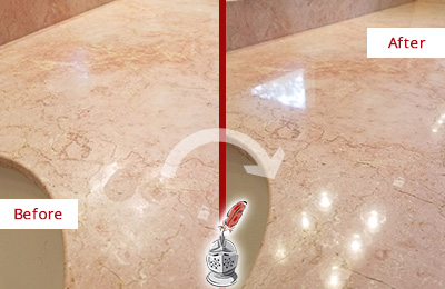 Before and After Picture of a Tan Marble Countertop Sealed to Recover Its Sheen