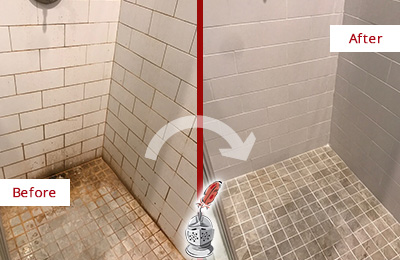 Before and After Picture of a Homer Shower Tile and Grout Cleaned to Eliminate Mold and Stains