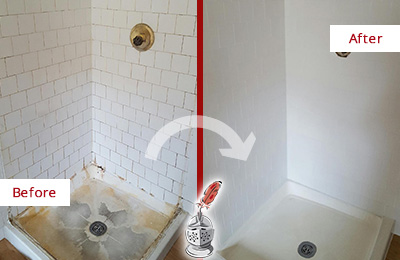Sir Grout Cleans this Douglasville Shower Tile and Grout to Remove Soap Scum Before and After Picture of a Douglasville Shower Tile and Grout Cleaned to Remove Soap Scum