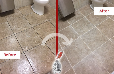 Sir Grout Cleans this Douglasville Restroom Tile and Grout to Remove Soil Before and After Picture of a Douglasville Restroom Tile and Grout Cleaned to Remove Soil