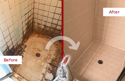 Sir Grout Cleans this Douglasville Shower Tile and Grout to Repair Water Damage Before and After Picture of a Douglasville Shower Tile and Grout Cleaned to Repair Water Damage