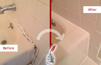 Before and After Picture of a White Bathroom Sink Caulked to Fix a DIY Proyect Gone Wrong