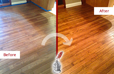 Sir Grout Refinished This Dull Buford Wood Floor with a Sandless Refinishing Service to Recover Its Sheen Before and After Picture of a Buford Wood Sandless Refinishing Service on a Dull Floor to Recover Its Sheen