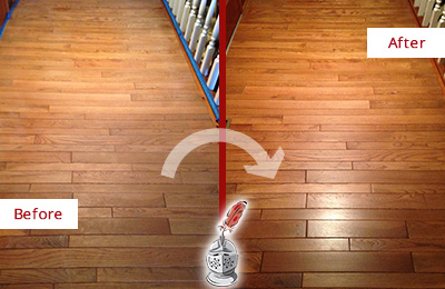 Sir Grout Refinished This Dull Buford Hallway Floor with a Sandless Refinishing Service Before and After Picture of a Buford Wood Sandless Refinishing Service on a Dull Hallway