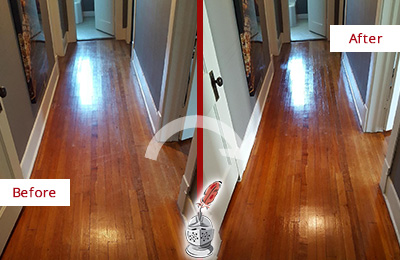 Sir Grout Refinished This Buford Wood Floor with a Sandless Refinishing Service to Eliminate Scratches Before and After Picture of a Buford Wood Sandless Refinishing Service on a Floor to Eliminate Scratches